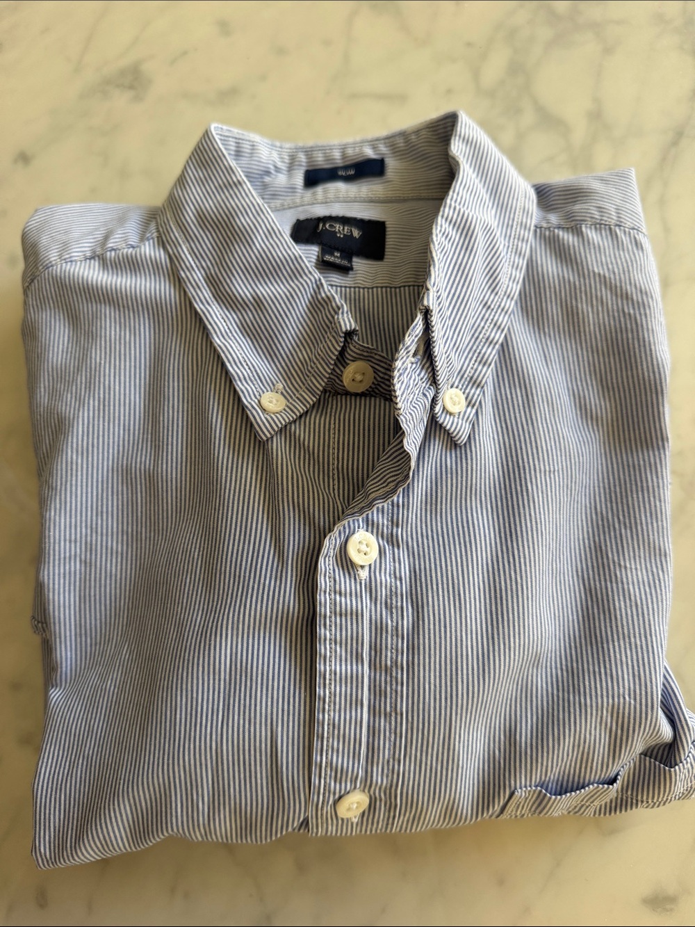 J. Crew Men's Navy and White Pinstripe Button-Down Shirt